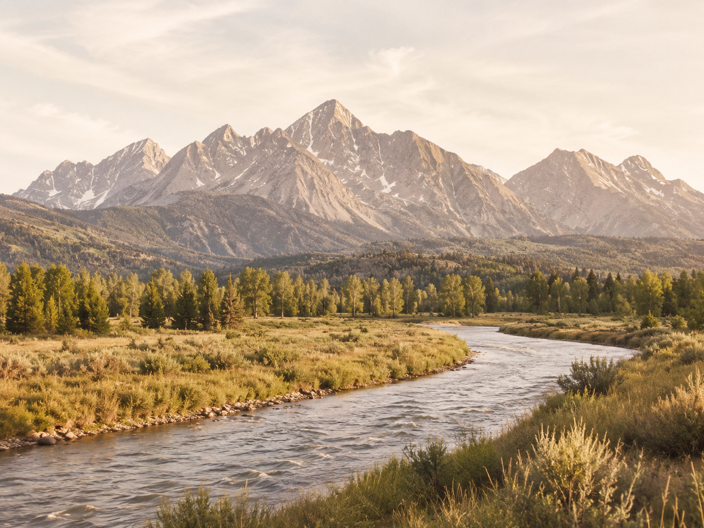 Sunlit mountain landscape with a river
